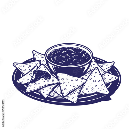 Delicious illustration of nachos and salsa served on a plate in a dark blue monochrome style