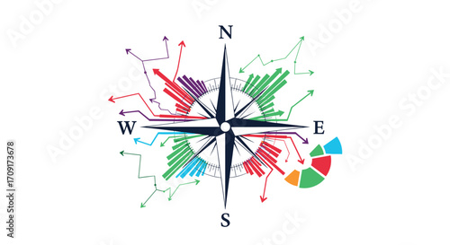 Dynamic compass guides business growth with colorful charts and trending arrows showing market direction and strategy success, Generative AI.