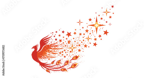 Vibrant phoenix rising through a cascade of sparkling stars symbolizing rebirth hope and new beginnings in a dynamic fiery display, Generative AI.