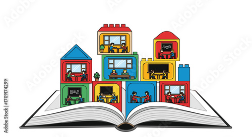 Open book transforms into colorful building blocks classroom where students learn and grow with engaging lessons, Generative AI.