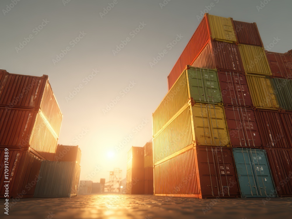 Fototapeta premium Stacked Shipping Containers at Sunset in a Container Yard