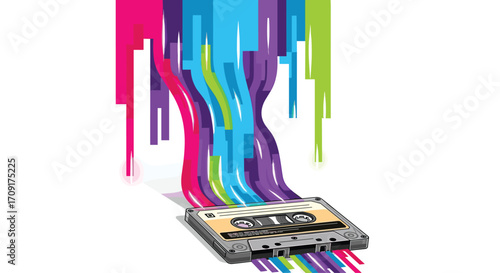 Vibrant retro cassette tape streams colorful abstract sound waves and music evoking nostalgia and creative energy, Generative AI.