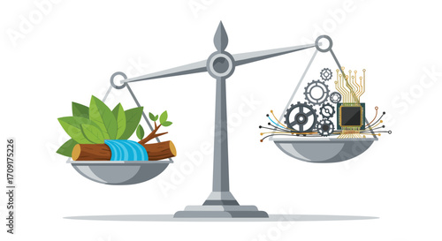 Balancing nature's resources with technological innovation on a scale symbolizing progress and sustainability choices, Generative AI.