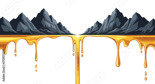 Abstract golden liquid flowing like a waterfall from majestic dark mountains symbolizing abundance and natural resources, Generative AI.