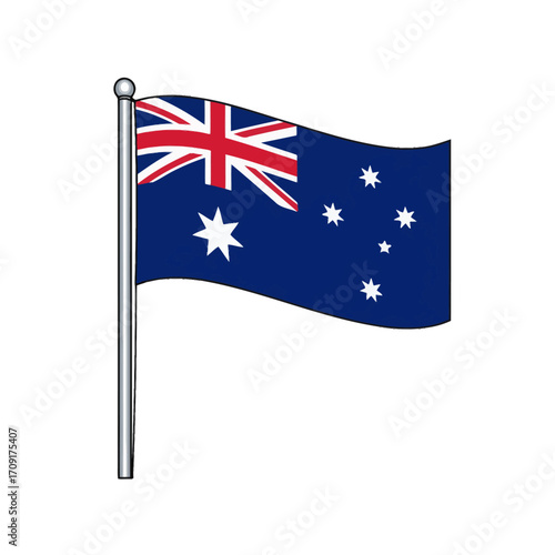 Australia flag vector, Australian flagpole, Union Jack blue flag, waving flag illustration, minimalist design, stock vector flag