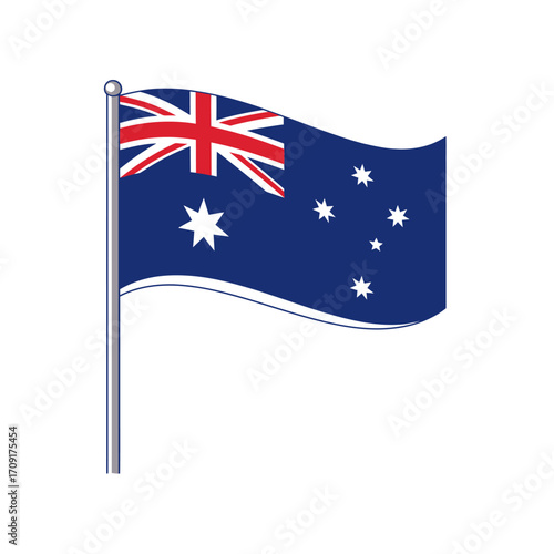 Australia flag vector, Australian flagpole, Union Jack blue flag, waving flag illustration, minimalist design, stock vector flag