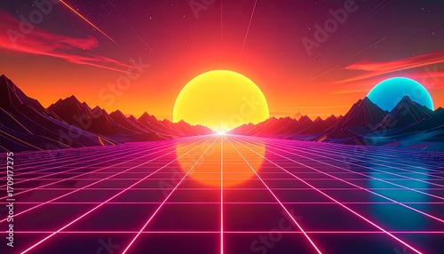 Vivid sunset over a grid landscape with mountains, creating a retro futuristic scene.