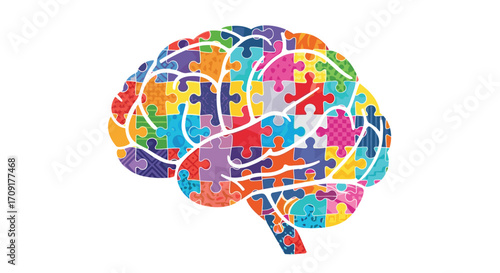 Vibrant colorful puzzle brain symbolizes complex thought learning and neurological diversity in a modern abstract design, Generative AI.