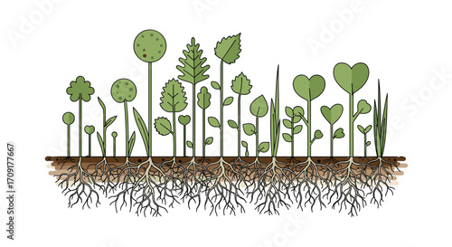Vibrant green plants and complex root systems thrive in fertile soil symbolizing growth and new beginnings, Generative AI.