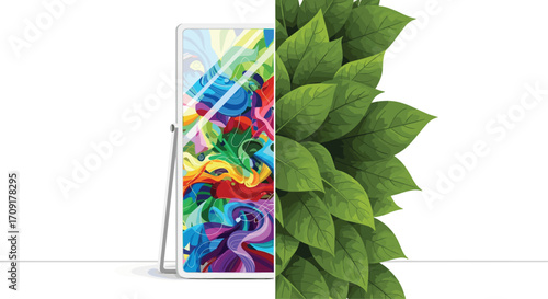 Vibrant abstract art reflected in a mirror juxtaposed with lush green leaves symbolizing creativity and nature's beauty, Generative AI.