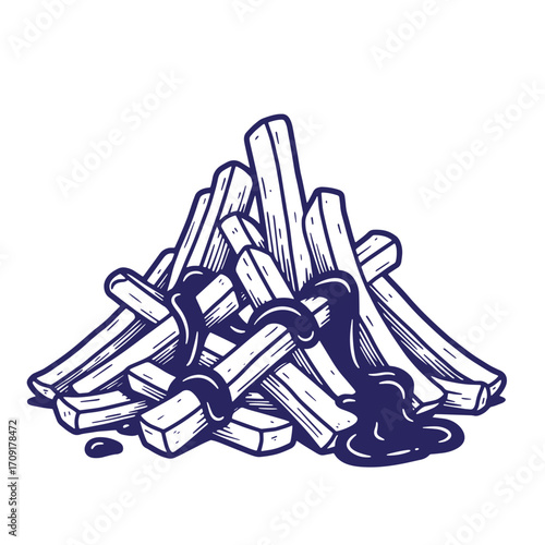 Hand drawn french fries with gravy illustration on white background in vector style