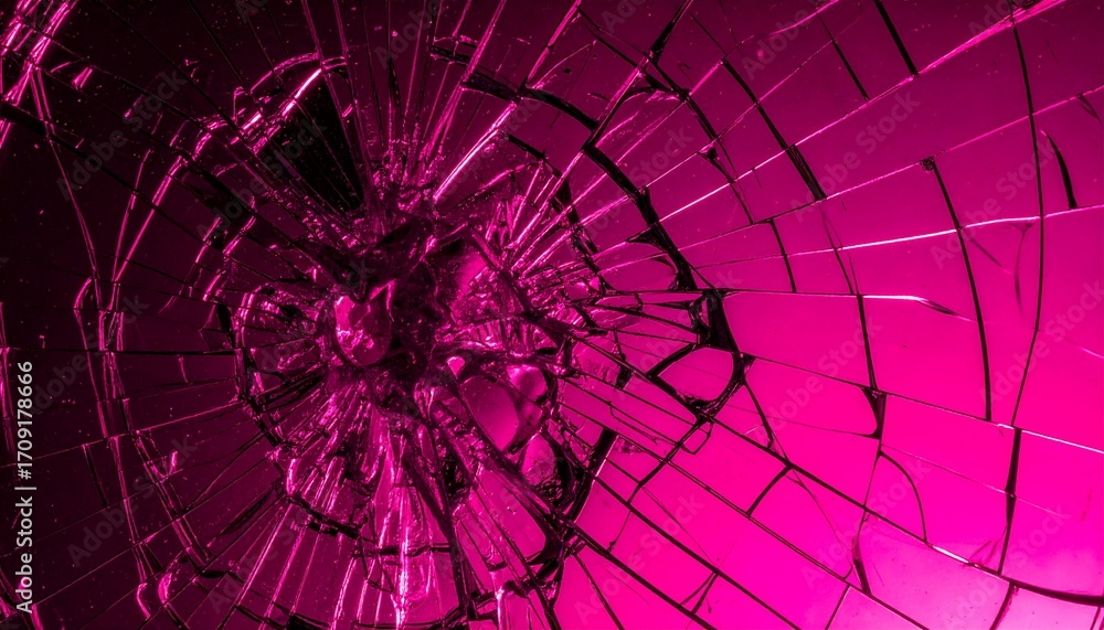 Obraz premium Close-up of a shattered glass surface with a radial pattern, illuminated in vibrant shades of pink and magenta.