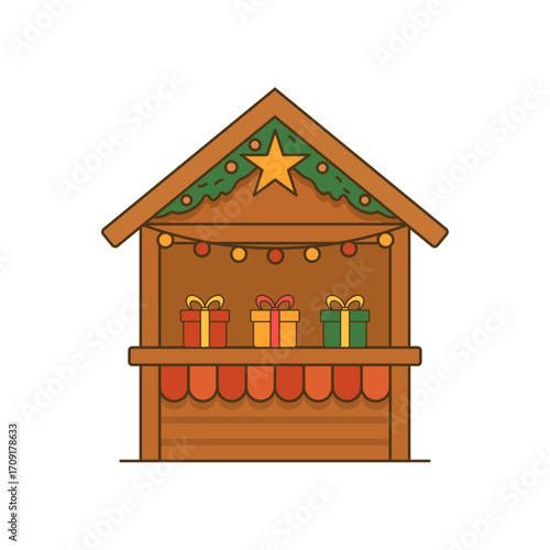 German Christmas market stall illustration in a wooden hut with simple festive decor, perfect for holiday design projects, cultural themes, and traditional seasonal graphics.