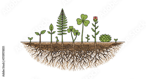 Illustrating the dynamic stages of plant growth from seedling to mature bloom with intricate root systems developing underground, Generative AI.