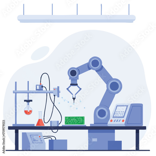 A robotic arm precisely assembles a circuit board on a clean workbench in a high-tech laboratory, a vibrant 2D flat vector illustration showing modern automation and precision manufacturing.