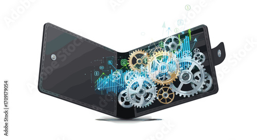 Unlock financial growth with a dynamic wallet showcasing intricate gears and rising stock market charts symbolizing smart investment strategies and economic progress, Generative AI.