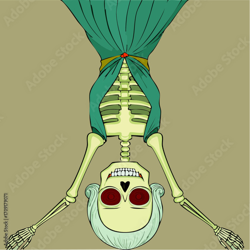 Elegant Elderly Skeleton Lady hanging upside down; Halloween vector illustration for refined greeting cards