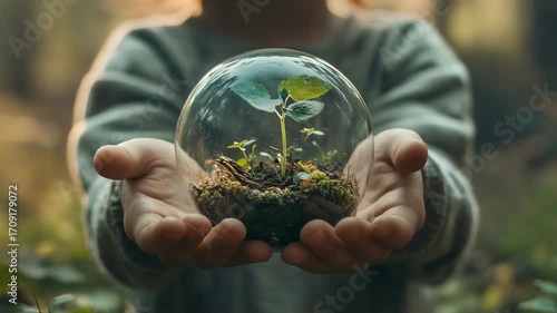 Child holding glass dome with growing plants outdoors
