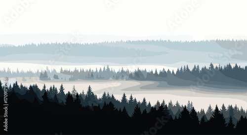 Serene misty forest landscape with layered evergreen trees creating a sense of depth and tranquil natural beauty, Generative AI.