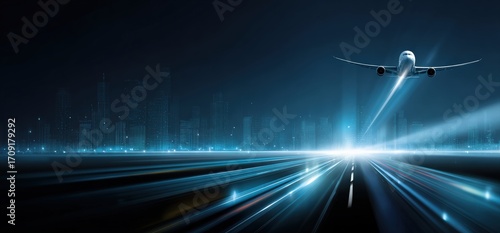 Airplane is flying over a futuristic city at night, with light trails suggesting fast movement and technological advancement