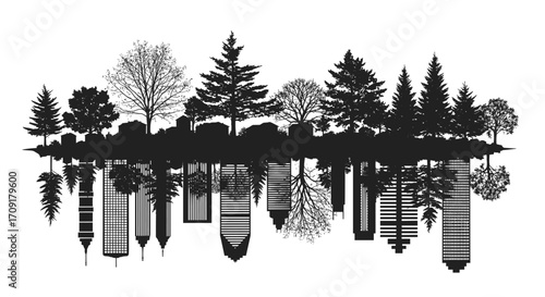 Stunning cityscape silhouette reflects lush trees and buildings in a surreal modern design concept, Generative AI.