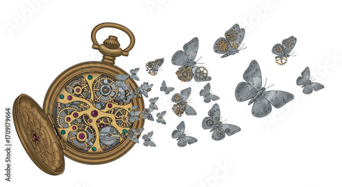 Intricate steampunk pocket watch gears transform into mechanical butterflies taking flight a symbol of innovation and time's evolution, Generative AI.