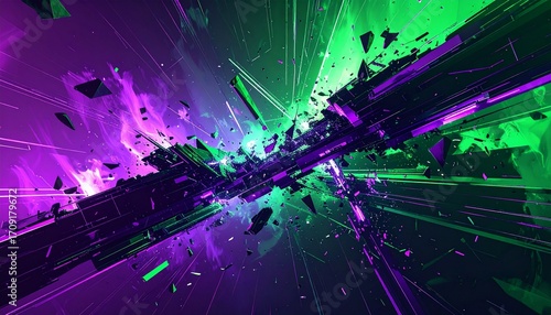 Abstract digital artwork featuring a central explosion of geometric shapes in vibrant shades of purple, green, and black against a dark background.