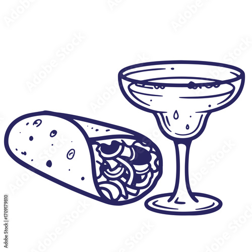 Hand drawn illustration of a burrito and a margarita cocktail perfect for mexican food