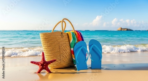 Colorful beach accessories, including a woven bag, colorful towel, and blue flip-flops, are placed on the shoreline, near the turquoise ocean.