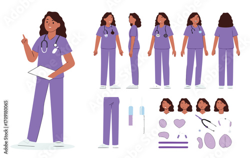 Female hospital nurse holding syringe. Character constructor for animation. Front, side and back view set. Body parts, postures, poses collection. Vector illustration. 