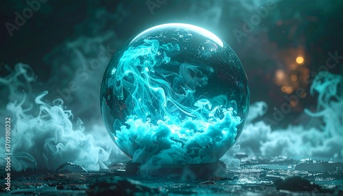 A glowing crystal ball surrounded by swirling blue smoke, creating an ethereal atmosphere.