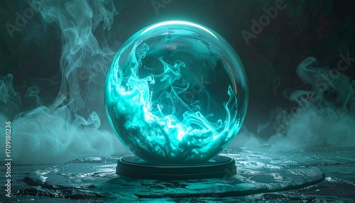 A glowing, mystical crystal ball sits on a dark surface, surrounded by swirling blue smoke and light.