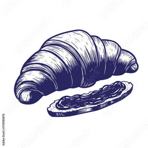 Hand drawn illustration of a fresh croissant with buttered toast for breakfast or brunch.