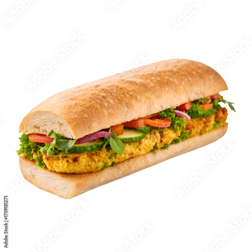 Long Submarine Sandwich with Chicken Cutlet Lettuce Tomato Onion and Cucumber long sandwich