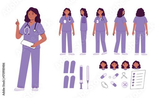 Female hospital nurse holding syringe. Character constructor for animation. Front, side and back view set. Body parts, postures, poses collection. Vector illustration. 
