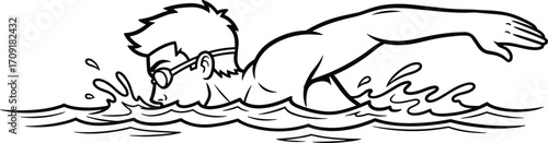 Freestyle swimmer line art vector illustration, black and white sports drawing, dynamic water motion, athlete training, competitive fitness, goggles, splash