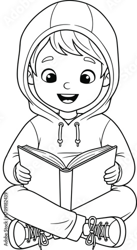 Child reading book cartoon, educational illustration, joyful student artwork, black and white line drawing, literature learning sketch, hoodie kid vector