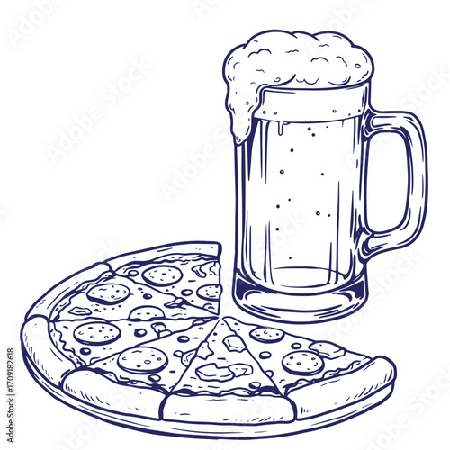 Hand drawn illustration of pizza with pepperoni and a frothy beer mug for food concepts