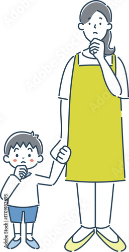 考えている女性保育士と男の子の園児のシンプルな線画イラスト素材
