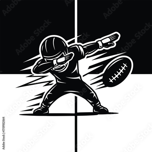 A cartoon American football player in a black uniform performs the dab dance move while a football streaks past him.