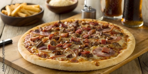 Wallpaper Mural Meat lovers pizza loaded with bacon, ham, sausage, and beef, placed on wooden table, side dishes of fries and cold beer, photorealistic food photography. Torontodigital.ca