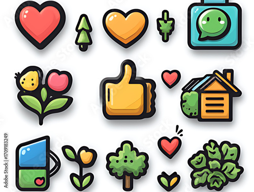 Cartoon Icon Collection on White Background: Multicolor Hearts, Plants, Thumbs-Up, Black Outlines (Slight 3D Look)