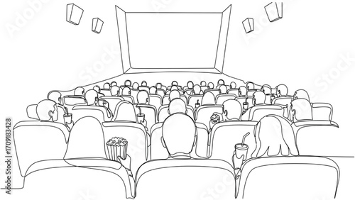High-Quality Continuous One Line Art of People Watching Movie in Theater – Minimalist Cinema Illustration