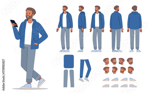 Middle age business man character constructor for animation. Front, side and back view set. Body parts, postures, poses collection. Vector illustration.