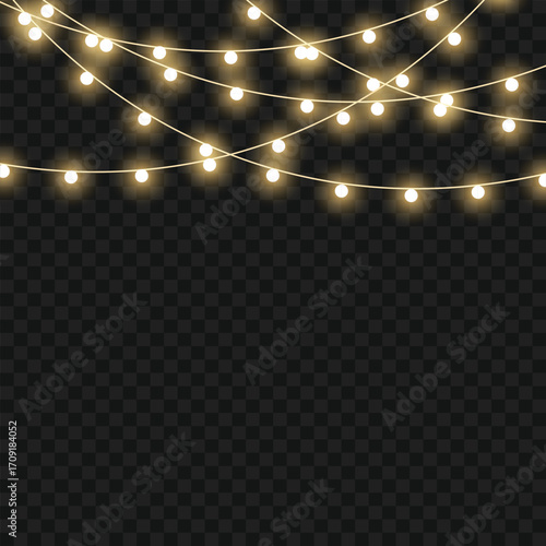 Glowing Christmas lights garland for festive holiday and party decor. Vector