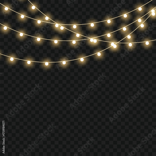 Glowing Christmas lights garland for festive holiday and party decor. Vector