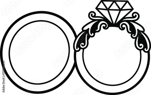 Wedding rings with diamond illustration, engagement ring vector design, love and marriage symbol, romantic jewelry outline, bridal accessory black white graphic