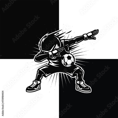 Monochrome cartoon soccer player dabbing with a football on a black and white checkerboard background.