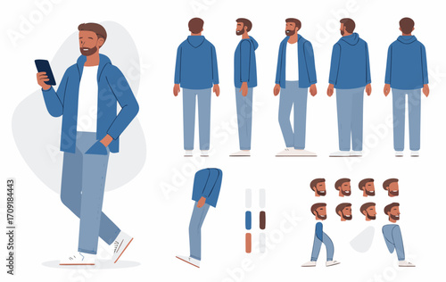 Middle age business man character constructor for animation. Front, side and back view set. Body parts, postures, poses collection. Vector illustration.