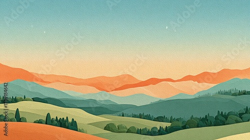 Stylized Landscape of Rolling Hills and Distant Mountains in Pastel Colors